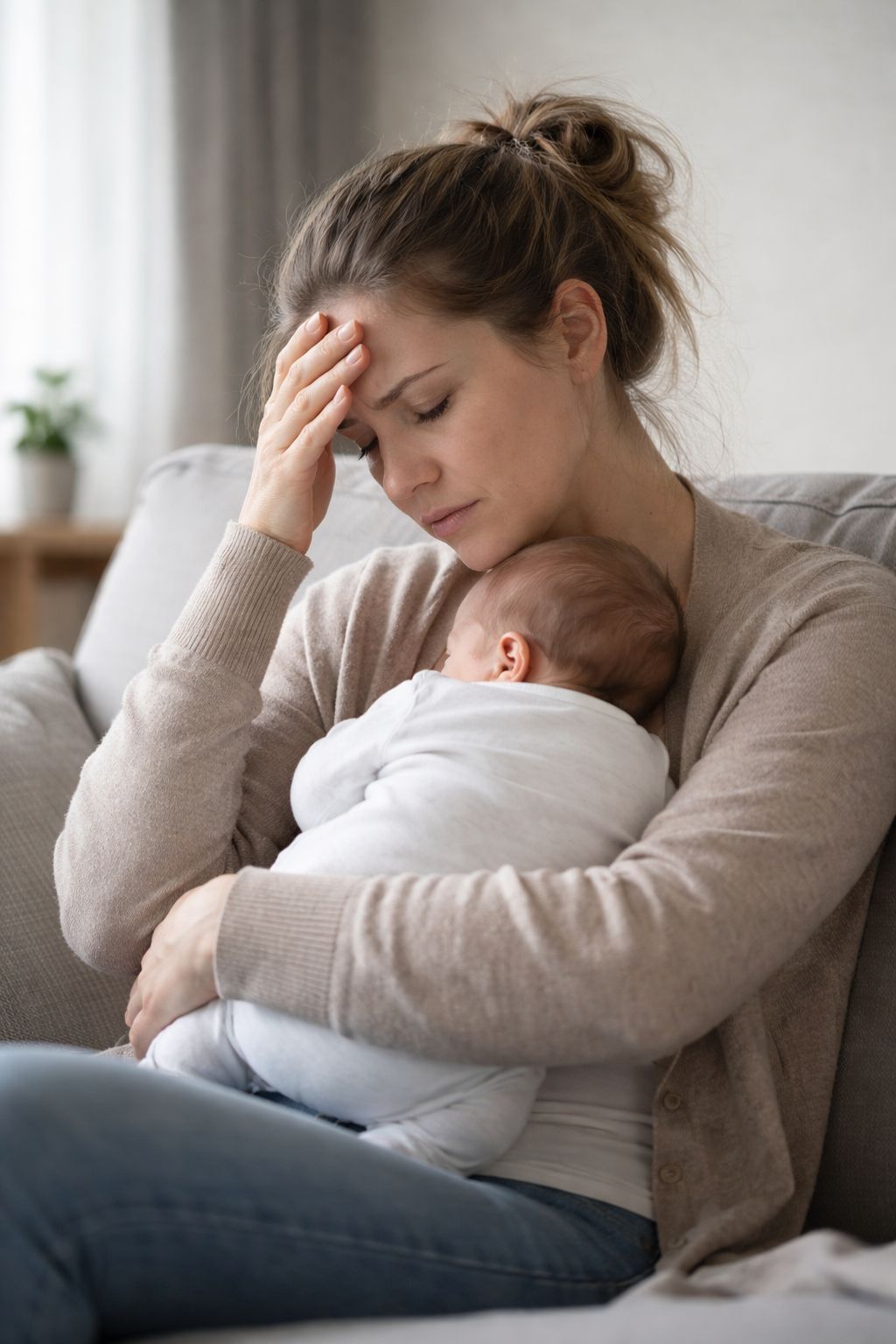 mother holding newborn showing signs of postnatal depression and emotional distress