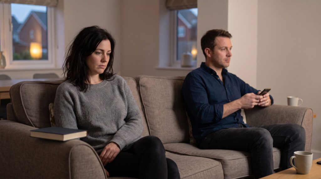 Distant couple sitting silently on opposite sides of a sofa in their living room, illustrating emotional disconnection in a relationship.
